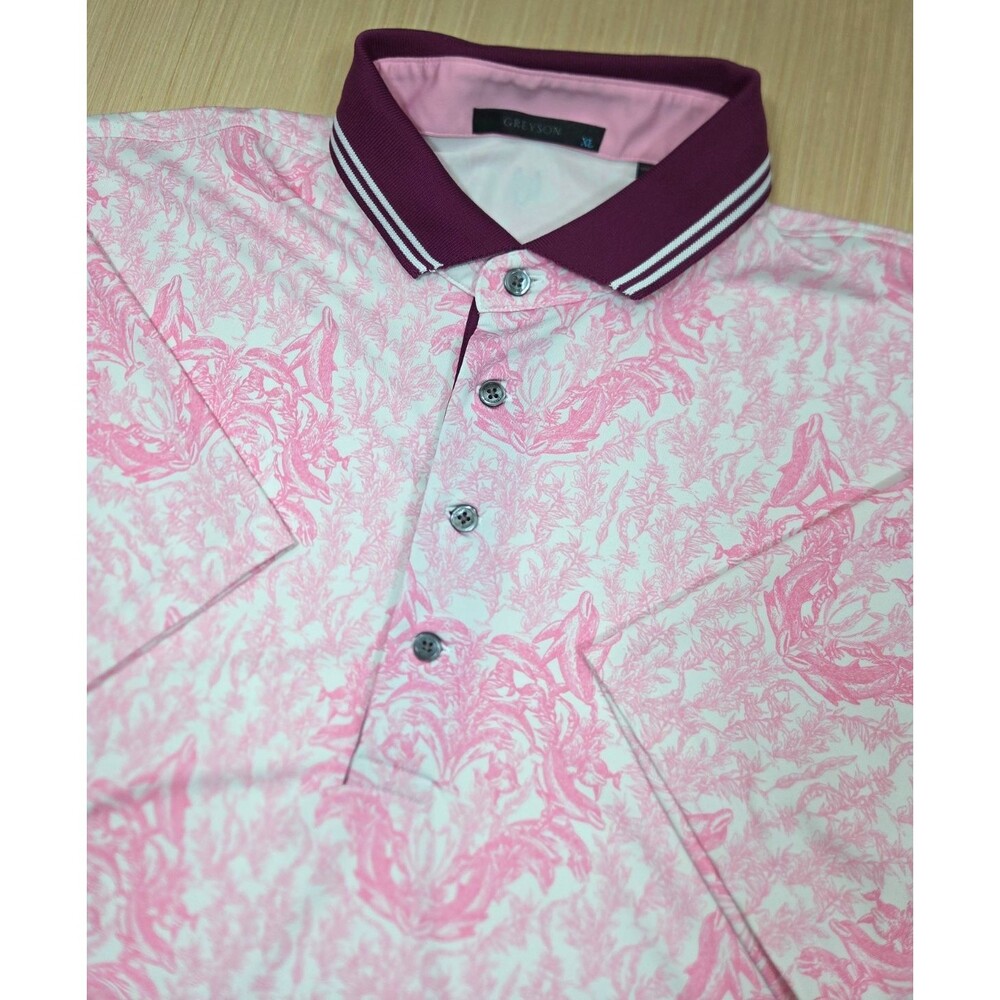 Greyson Dolphin Island Polo Shirt Men's XL Arctic Pink Graphic Print Wolf Golf